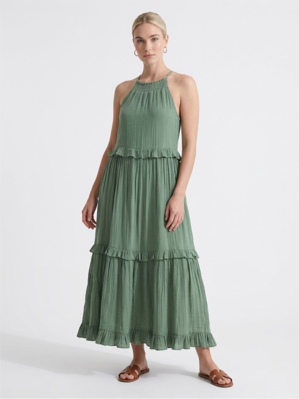 Listicle Sage Green Halter Ruffle Tiered Maxi Dress